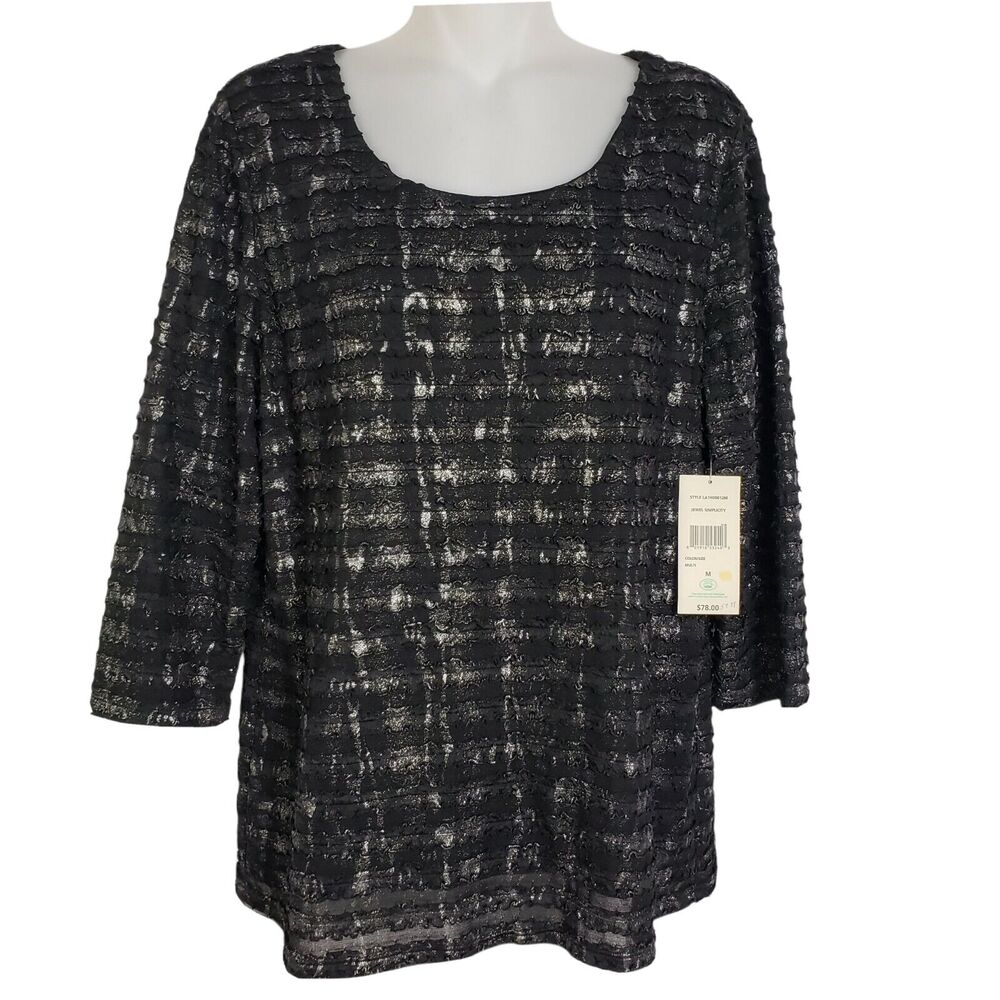 Laura Ashley Womens Top Medium Black Shimmer Ruffles Textured 3/4 Sleeve Lined